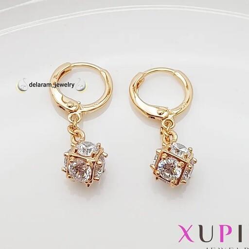 گوشواره ژوپینگ آویز جواهری آبکاری طلا ضد حساسیت درخشان